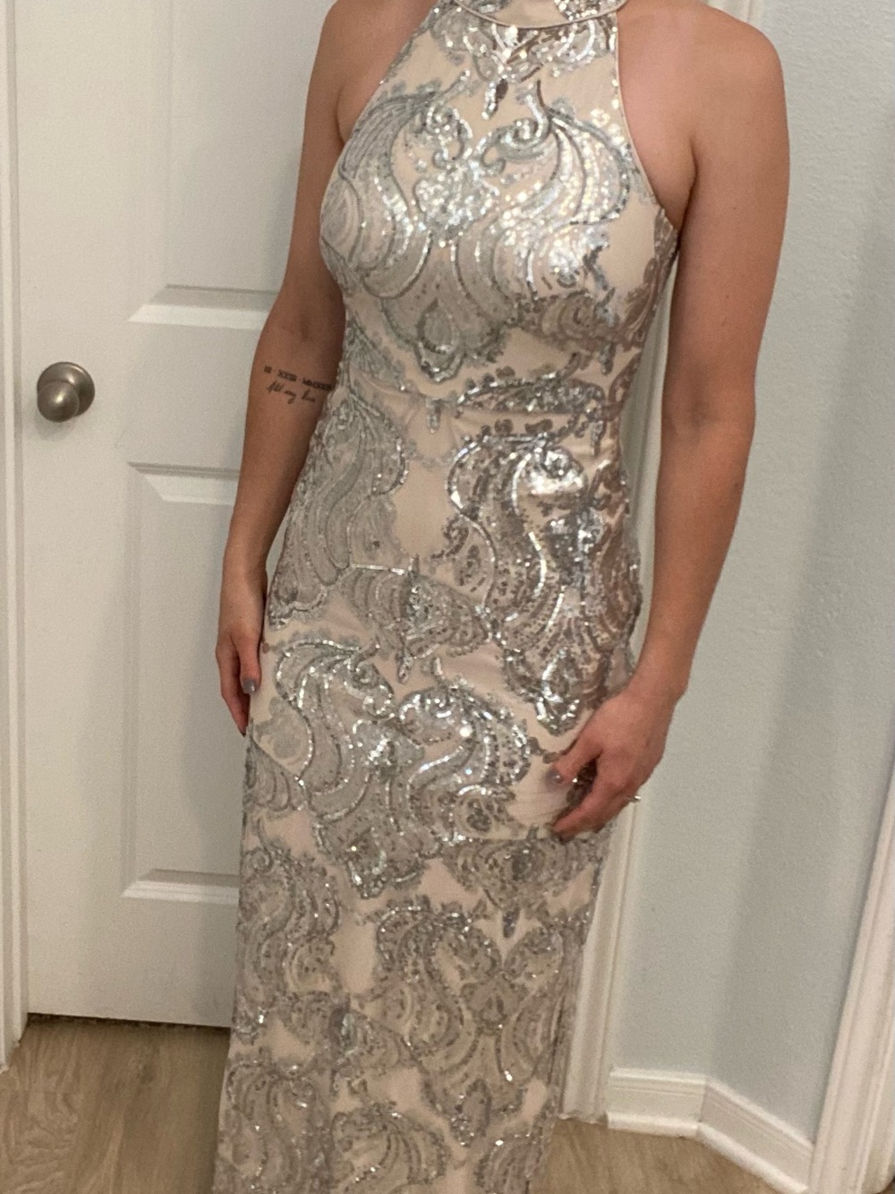 Vince Camuto Nude and Silver Sequin Halter Prom Dress